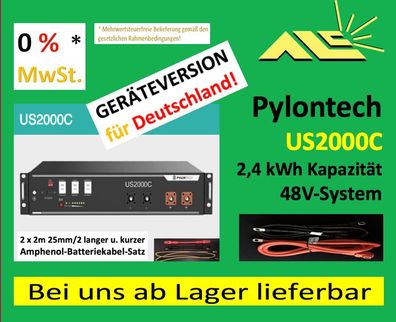 US2000C Batterie von Pylontech, 48Volt 2,4kWh inkl. 2x2m, Rechnung mit 0% MwSt