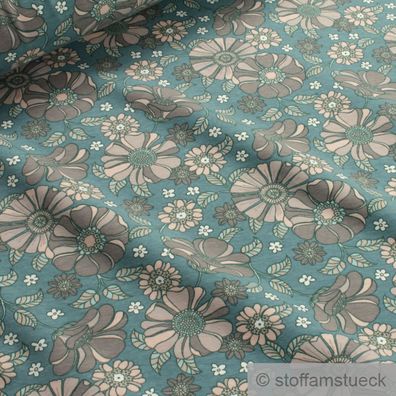 Stoff Baumwolle Elastan Single Jersey petrol Blume zarte Farben dehnbar weich