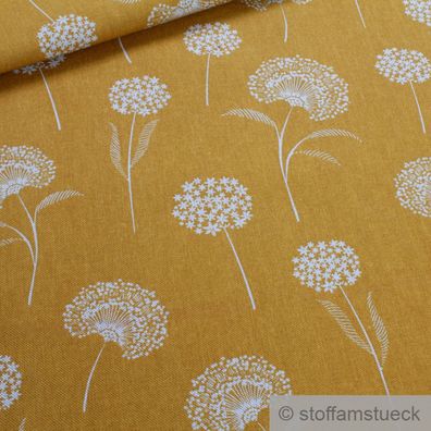 Stoff Baumwolle Polyester Rips senf Pusteblume Leinenoptik ocker