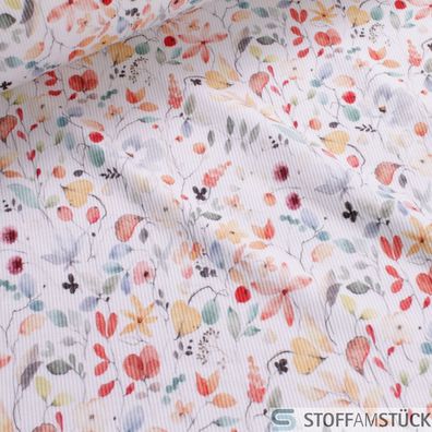 Stoff Baumwolle Elastan Rib Jersey weiß Blume Rippenjersey Rippenstrick Blumen