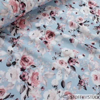 Stoff Baumwolle Elastan Rib Jersey hellblau Rose Rippenjersey Rippenstrick Rosen