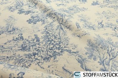 Stoff Baumwolle Rips Toile de Jouy Dorf beige blau Dorfcharakter