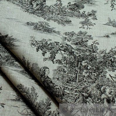 Stoff Leinen Toile de Jouy Ernte natur schwarz Reinleinen klassisch