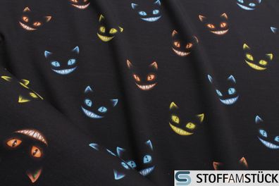 Stoff Kinderstoff Baumwolle Elastan Single Jersey schwarz Grinsekatze bunt