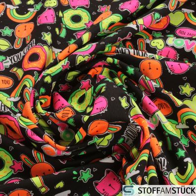 Stoff Kinderstoff Baumwolle Elastan Single Jersey schwarz Sticker neon Hase