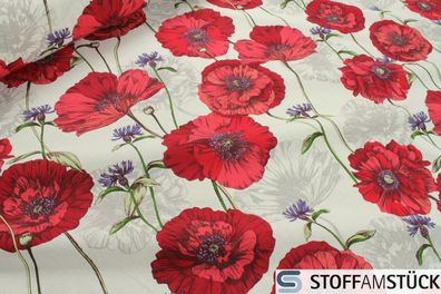 Stoff Baumwolle ecru Klatschmohn Kornblume 160 cm breit Baumwollstoff