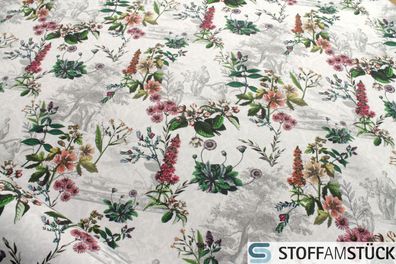 Stoff Baumwolle Satin weiß Antike Blume Baumwollsatin Baumwollstoff Blumen