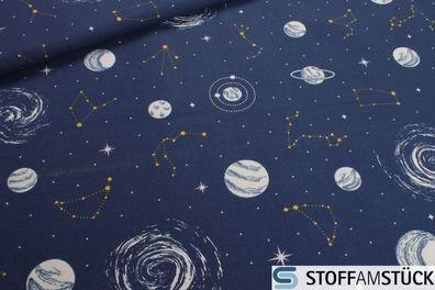 Stoff Baumwolle Polyester Rips marine Weltall Glow in the dark Leinenoptik