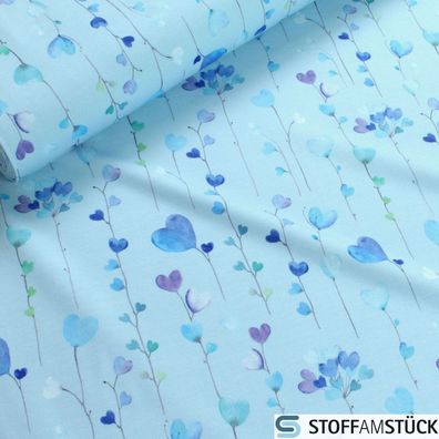 Stoff Baumwolle Elastan Single Jersey hellblau Herzchen Blume dehnbar weich