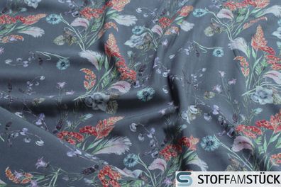 Stoff Viskose Popeline jeansblau Blumenstrauß Blume leicht weich