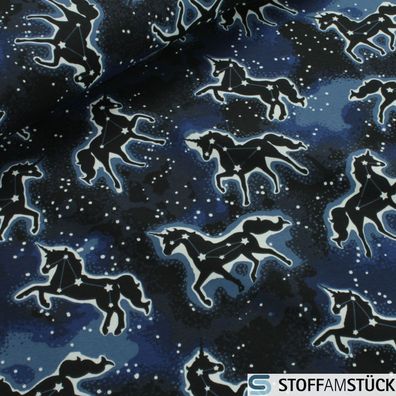 Stoff Baumwolle Elastan Single Jersey schwarz Glow in the dark Einhorn