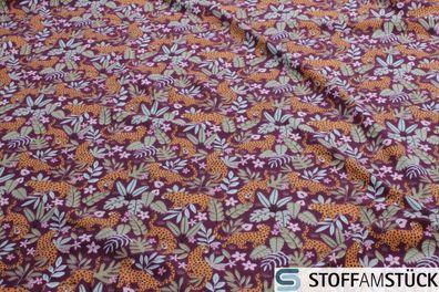 0,5 Meter Kinderstoff Baumwolle Elastan Single Jersey bordeaux Leopard Dschungel