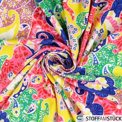 0,5 Meter Stoff Baumwolle Elastan Single Jersey Paisley neon dehnbar weich