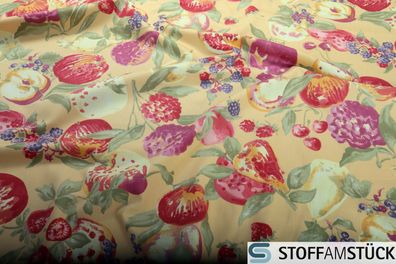 Stoff Baumwolle Satin gelb Obst Baumwollsatin Baumwollstoff Beeren Früchte Apfel