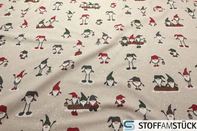 Stoff Weihnachtsstoff Baumwolle Polyester Rips natur Wichtel Leinenoptik