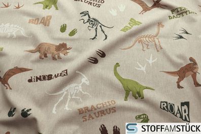 Stoff Baumwolle Polyester Rips natur Dinosaurier Dino Brachiosaurus Raptor T-Rex