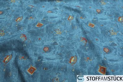 Stoff Polyester Jacquard blau Blatt Karo Kreis bedruckt Dekostoff Bezugstoff