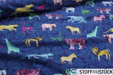 Stoff Baumwolle Rips blau wilde Tiere neon Affe Elefant Löwe Panther Tiger Zebra