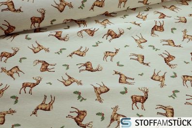 Stoff Baumwolle Polyester Polyacryl Gobelin natur Hirsch Reh Rehkitz Dekostoff