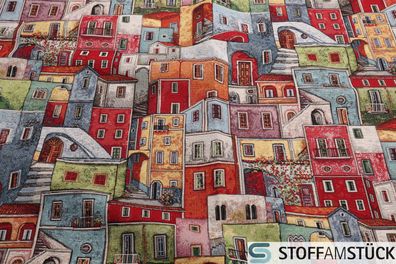 Stoff Baumwolle Polyester Gobelin bunte Stadt Decke Kissenbezug