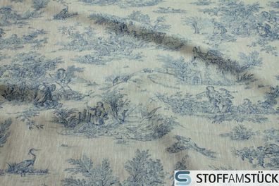 Stoff Leinen Toile de Jouy Ernte natur blau Reinleinen klassisch