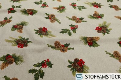 Stoff Weihnachtsstoff Baumwolle Polyester Rips natur Ilex Leinenoptik