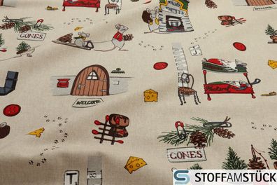 Stoff Weihnachtsstoff Baumwolle Polyester Rips natur Weihnachtsmaus Leinenoptik