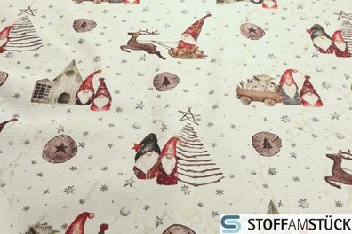 Stoff Weihnachtsstoff Polyester Baumwolle Polyamid Jacquard ecru Wichtel