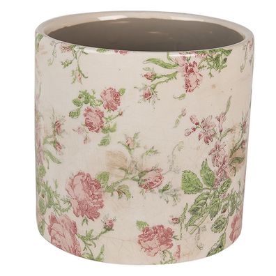 Clayre & Eef Blumentopf Ø 17x16 cm Beige Rosa Keramik Blumen (Gr. Ø 17x16 cm)