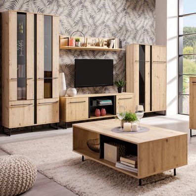 Wohnwand Schrankwand Anbauwand Wohnzimmer-Set Modern Eiche Holz Industrial Style