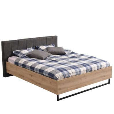 Doppelbett Holzbett Polsterbett 160 180 cm Bett Lattenrost Eiche Stoff Grau Indust