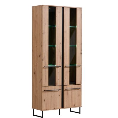 Vitrine Highboard Schrank mit Fächer Wohnzimmerschrank Holz Eiche Natur Kufenfüße