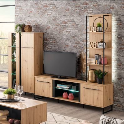 Wohnwand Schrankwand Anbauwand Wohnzimmer-Set 3 tlg. Modern Eiche Holz Industrial