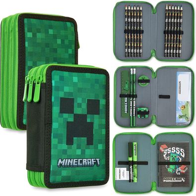 Minecraft Federmappe Mäppchen Federtasche Kinder Junge 3 Fächer + Schreibwaren