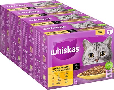 Whiskas 1+ Katzenfutter Nassfutter Geflégel Auswahl in Sauce 4er Pack 48 x 85g