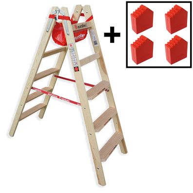 Euroline Holz Stufenstehleiter mit Comfort-Stufen mit Werkzeugablage + 4x Leiterfuese