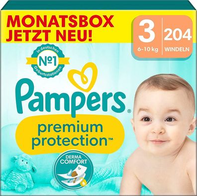 Pampers Baby Windeln Größe 3 6-10kg Premium Protection Midi Monatsbox 204 Stück