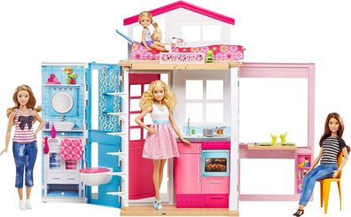 Barbie GXC00 2-Etagen Ferienhaus Puppenhaus + Puppe Zusammenklappbar Spielzeug