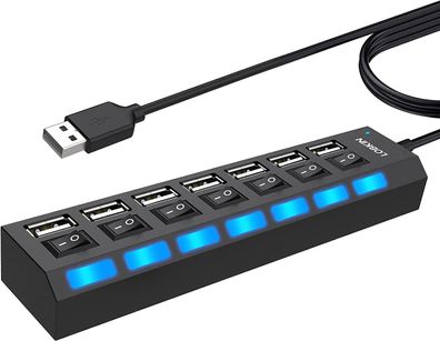 LOBKIN USB 2.0 Leiste Hub 7 Port Tragbar LED-Netzschalter Computer Laptop PC Mac