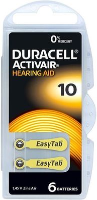 Duracell Activair Hearing Aid Typ 10 Hörgerätebatterien Ersatz Gelb 6er Pack