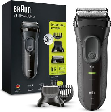 Braun Series 3 3-in-1 Elektrorasierer, Barttrimmer mit 5 Kammaufsätzen, Wet&Dry