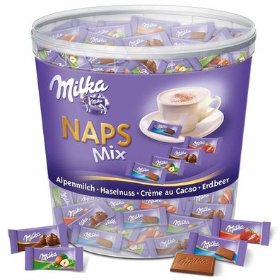 Milka Naps Mix Mini Schokoladentäfelchen Alpenmilch Erdbeer Haselnuss 1 kg Dose