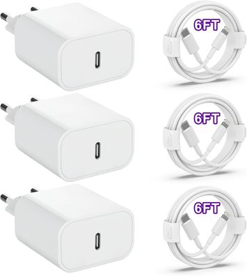 Apple MFi Certified] 3er-Pack 25W iPhone Ladegerät mit iPhone Ladekabel 3 X