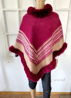 Warmer eleganter Poncho Cape Herbst/Winter Kunstfellkragen/Saum Beere/Beige