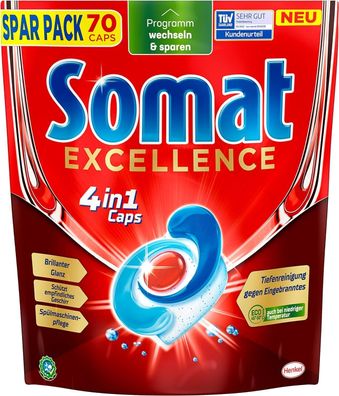 Somat Excellence 4in1 Caps Schnellauflösende Spélmaschinentabs Spar Pack 70 Caps