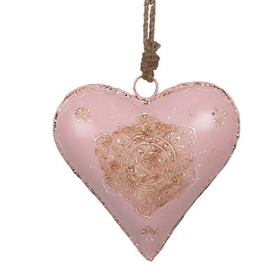Clayre & Eef Weihnachtsanhänger Herz 15x5x15 cm Rosa Eisen Blume (Gr. 15x5x15 cm)