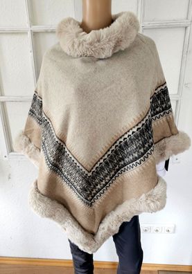 Warmer eleganter Poncho Cape Herbst/Winter Kunstfellkragen/Saum Beige/Schwarz