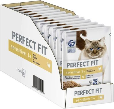 Perfect Fit Sensitive 1+ Nassfutter für sensible Katzen Huhn in Sauce 12 x 85 g