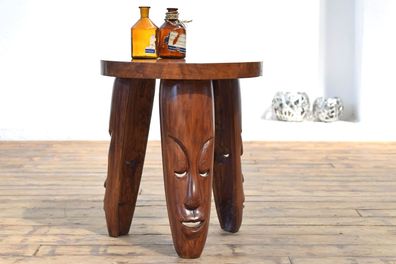 Beistelltisch Aborigines Rund Vintage Teak Holz Alt Antik Maske Gesicht geschnitzt