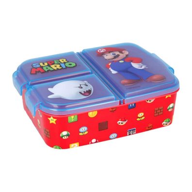 Brotdose für Kinder mit 3 Fächer Super Mario Lunchbox Blau-Rot Frühstücksbox